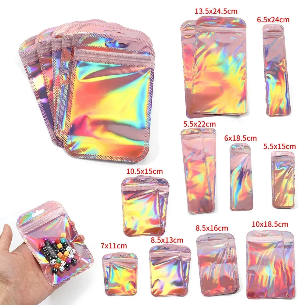 50pcs/lot Pink Laser Ziplock Bags Reusable Plastic Transparent Bags for Jewelry Packaging Cosmetic Retail Display Bags