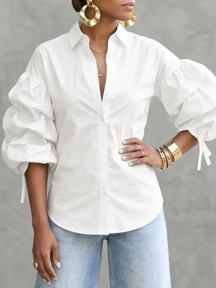 Yeezzi 2026 New Black White Tie Cuff Puff Sleeves Shirts Tops For Women Loose Buttoned Solid Color Casual Trendy Lapel Blouses