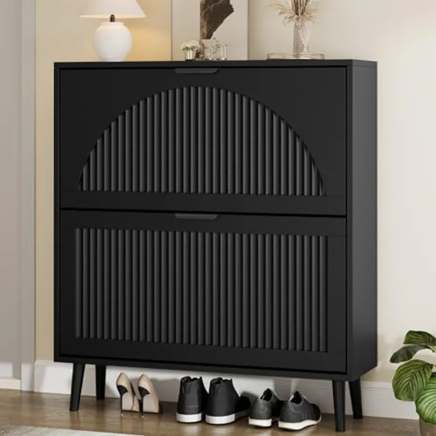 Entryway shoe storage cabinet with 2 flip drawers, narrow wood organizer featuring fluted panel design, slim freestanding shoe