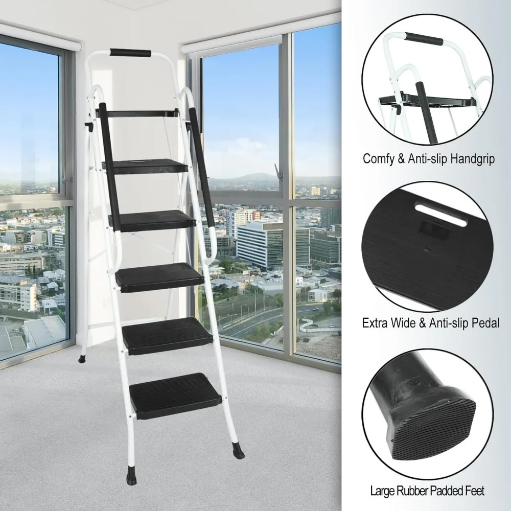 folding 5-step ladder with handrails and tray, 330 lbs capacity, portable steel stool