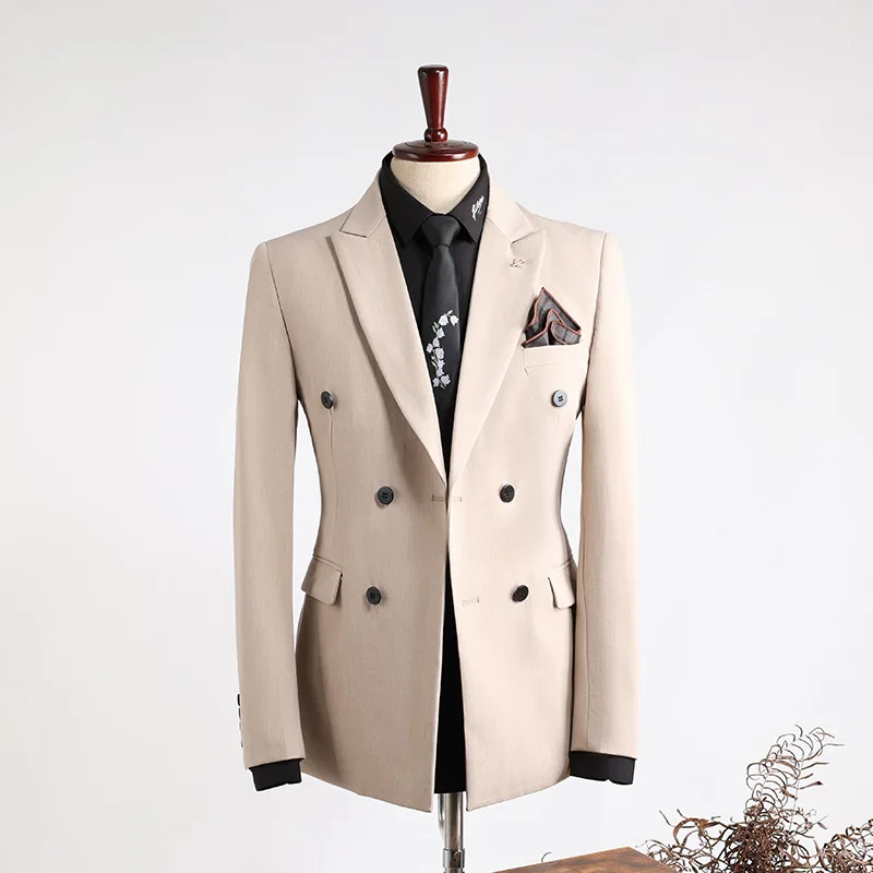 

Suit Coat Man British Style Simple Solid Color Male Outerwear Double-breasted Long Sleeve Slim Breathable Versatile Men Blazer
