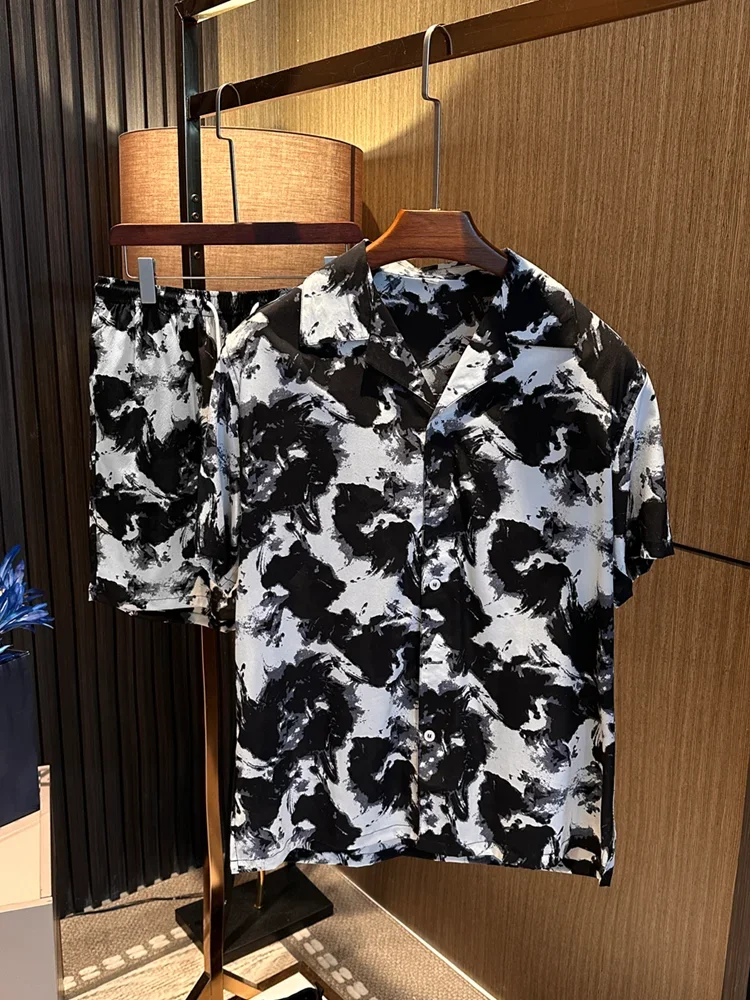 Double wrinkle anti-wrinkle process high-end mulberry silk Cuban collar loose trend shirt set