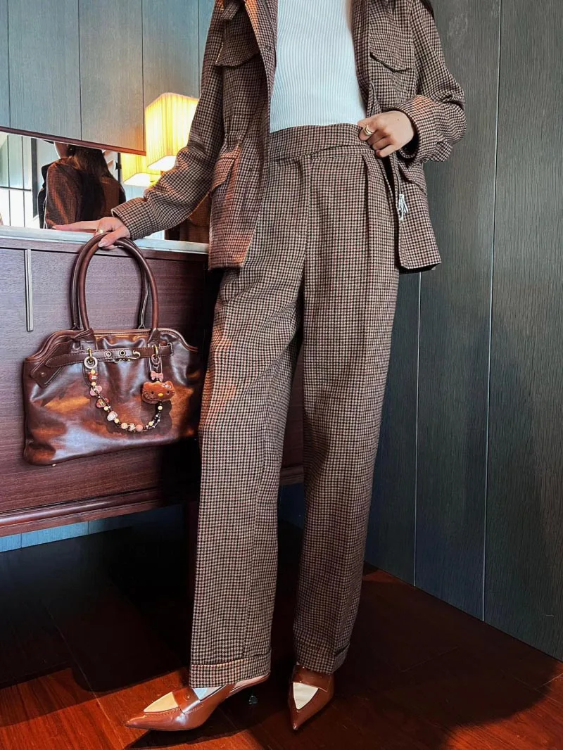 2024 Autumn/Winter New Women's Pants Fashion British Loose Retro Red Brown Thousand Bird Grid Roll Versatile Pants