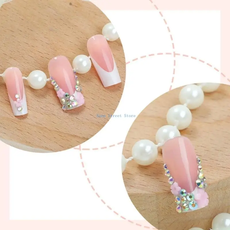 23GF 24 piezas Presiones elegantes punta francesa en las uñas con diamantes imitación y acentos flores 3D Cobertura