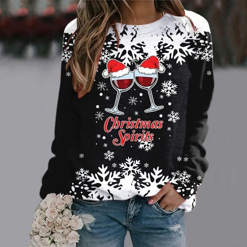 

Autumn Christmas atmosphere red wine glass top long sleeved American sweatshirt with shoulder sleeves sweatshirtWA2