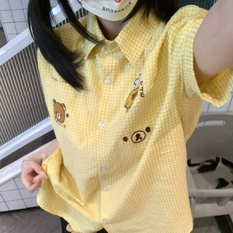 Japanese Kawaii Cute Lolita Style Shirt Women Sweet Cartoon Pattern Printing Plaid Short Sleeve Blouses Summer Harajuku Y2k Tops