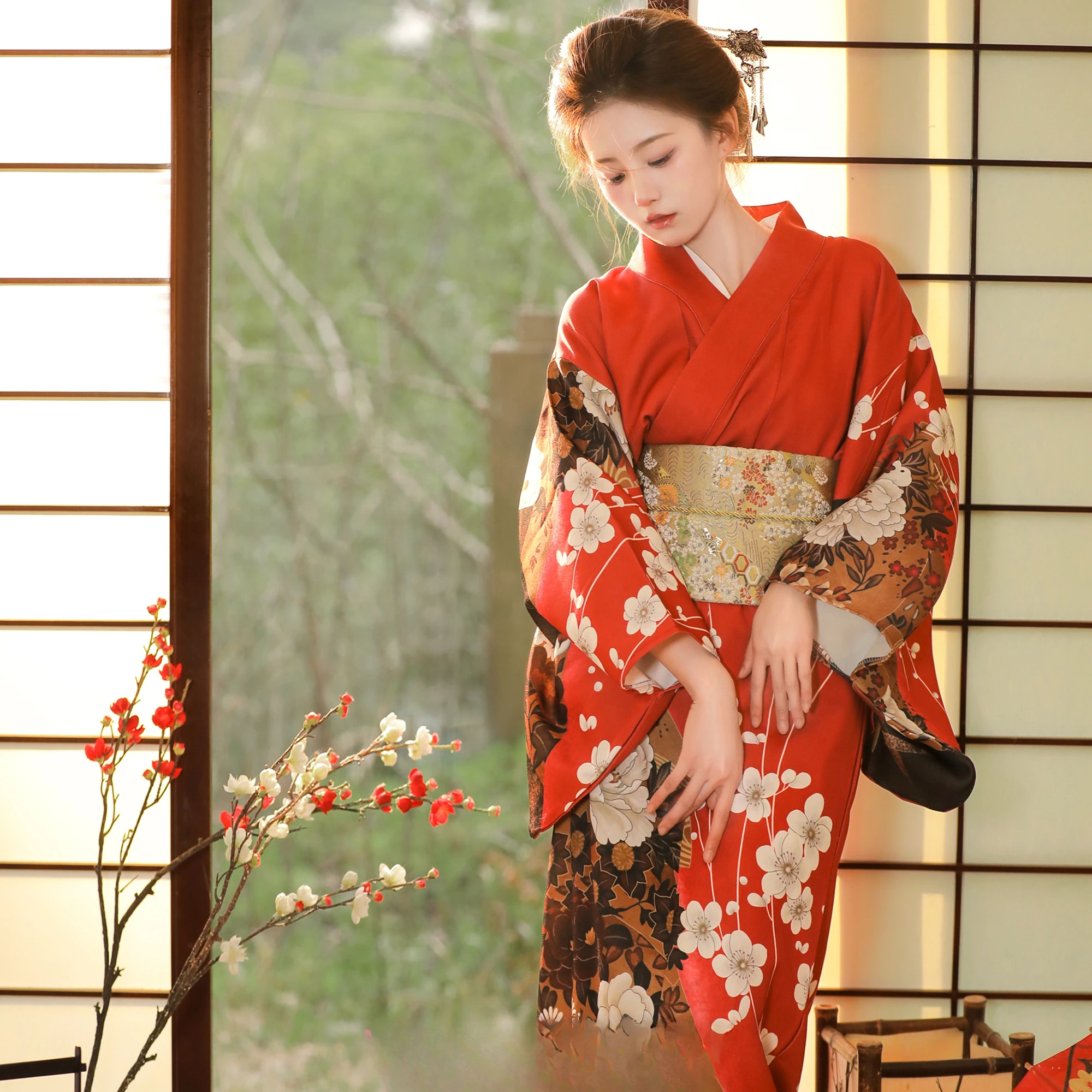 Red Kimono Women Japanese Traditional Yukata Haori Kimonos Cosplay Gown Female Summer Fashion Photography Clothes Formal Dress