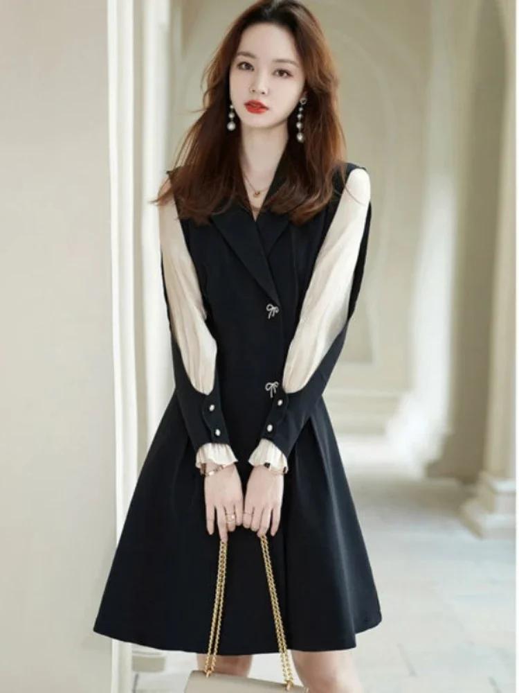 Formal Occasion Dresses for Women 2024 Splicing Mesh Blazer Woman Dress Mini Short Clothes Trendy Korean Style Xxl Loose Vintage