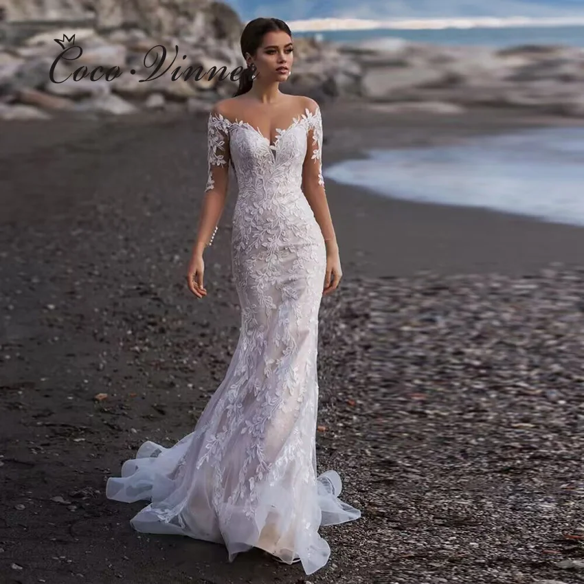 

Элегантное европейское свадебное платье русалки с длинными рукавами по индивидуальному заказу и красивыми кружевными аппликациями, свадебные платья с иллюзией спины W1251