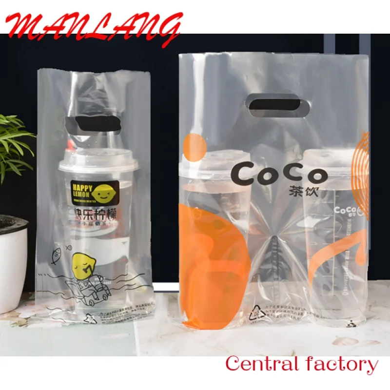 

Custom PE Packaging Bag with Custom Logo Coffee Boba Cup Carry Bag Biodegradable Plastic Bags for 1/2/4 Bubble Tea Cups Takeawa