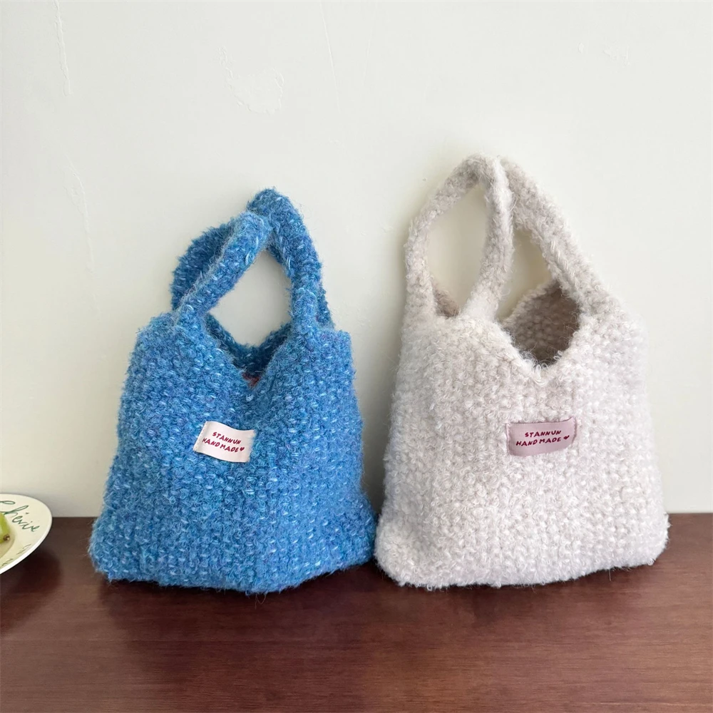 الإناث الشتاء خط مختلط الحياكة حقيبة تسوق سميكة الصوف الموضوع النسيج حقيبة يد المرأة الدوبامين الصدام اللون الكروشيه حمل الحقائب #5
