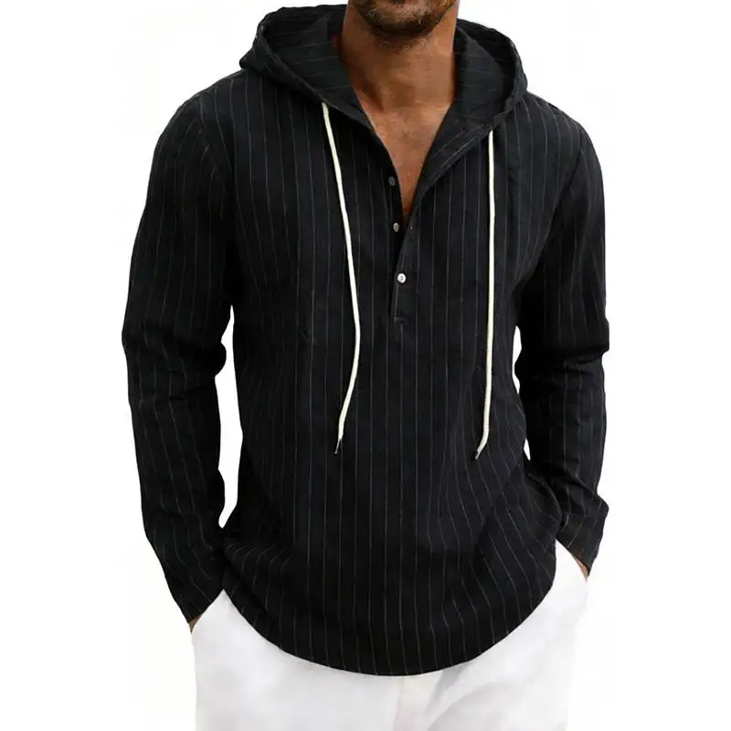 

Casual Men's Long Sleeve Linen Shirt Half Open Front Drawstring Hooded Spring Autumn Warmth Lightweight Striped Patterned