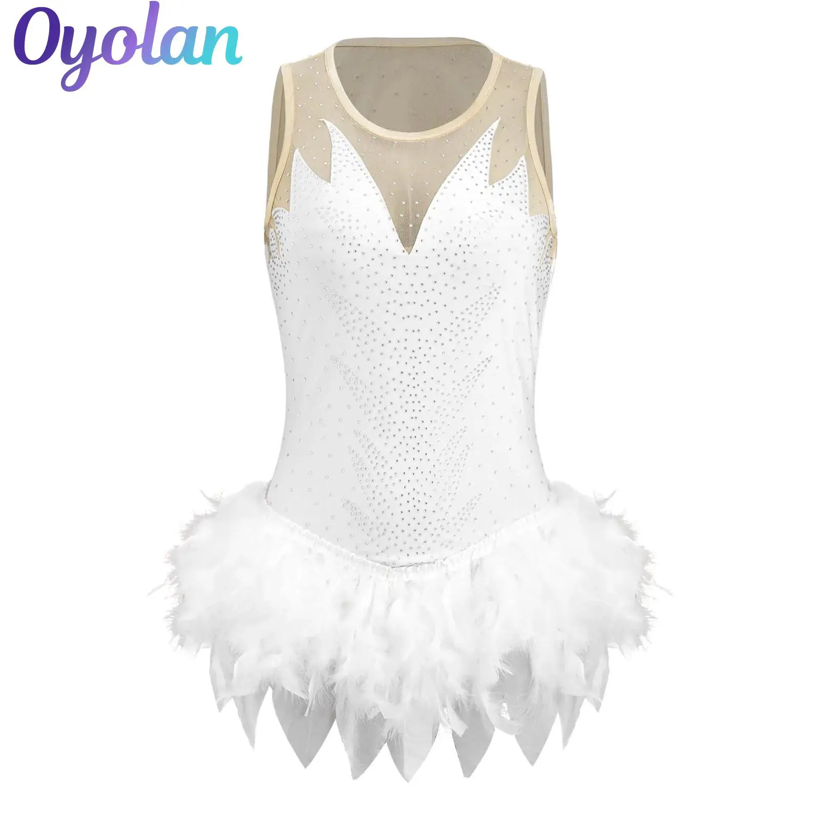 

Womens Gymnastics Fuzzy Feather Ballet Dance Leotard Jumpsuit Dress Irregular Hem Mesh Buttoned Crotch Rhinestones Bodysuit