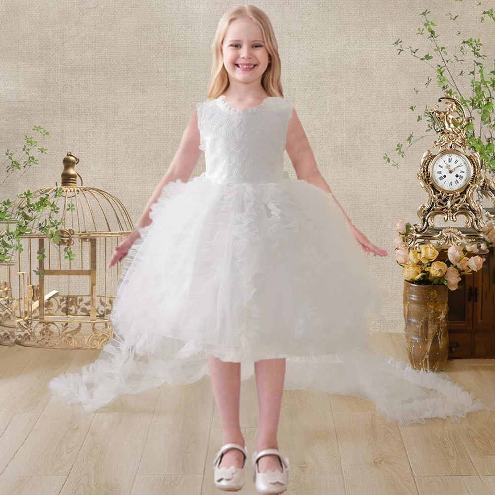 Elegant Girls Fluffy Tulle Flower Dress Wedding White Trailing Ceremony Costume Birthday First Communion Gown Kids Gala Clothing