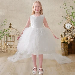 Elegant Girls Fluffy Tulle Flower Dress Wedding White Trailing Ceremony Costume Birthday First Communion Gown Kids Gala Clothing