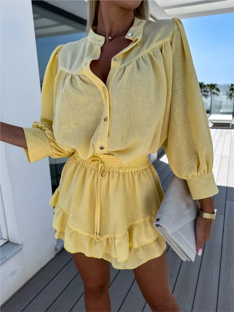 Casual Cotton And Linen Shirt And Skirt Suit Women Autumn Long Sleeve Two Piece Set Fashion Ruffles Lace Up Skirts Sets Female