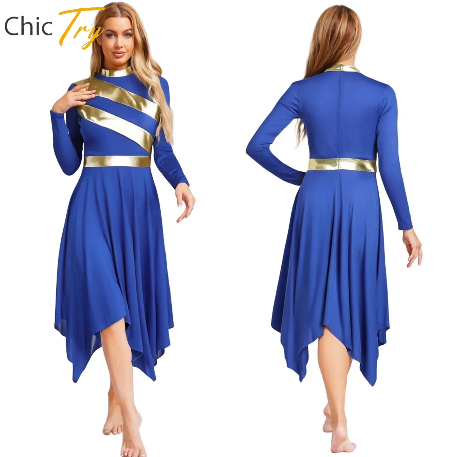 

Long-sleeved Worship Praise Dress Festival Costume Metallic Irregular Hem Dress Tunic Liturgical Lyrical Dance Costume for Women