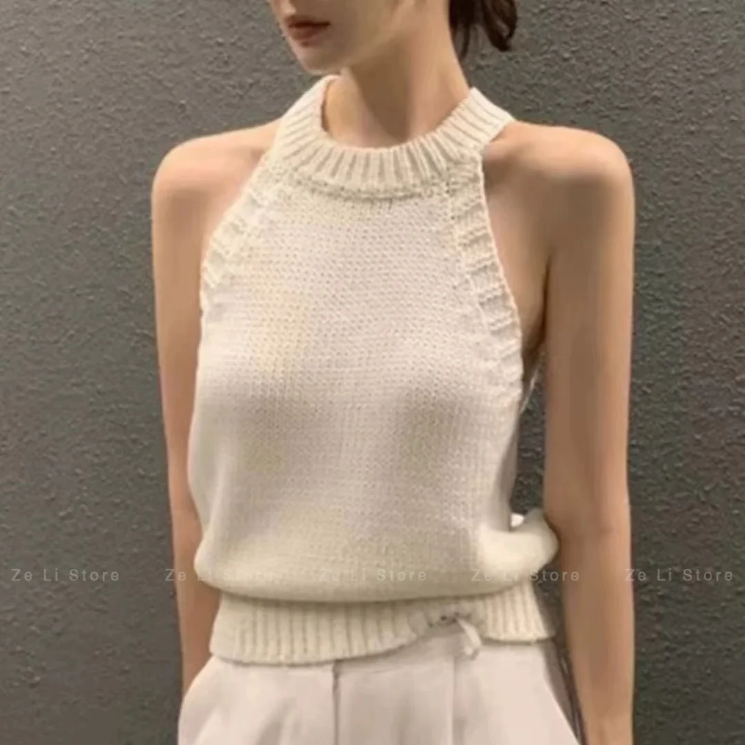 Korean Style 2026 Spring/summer New Fashion Sweet & Youthful Knitted Vest Hot Girl Halter Top for Women