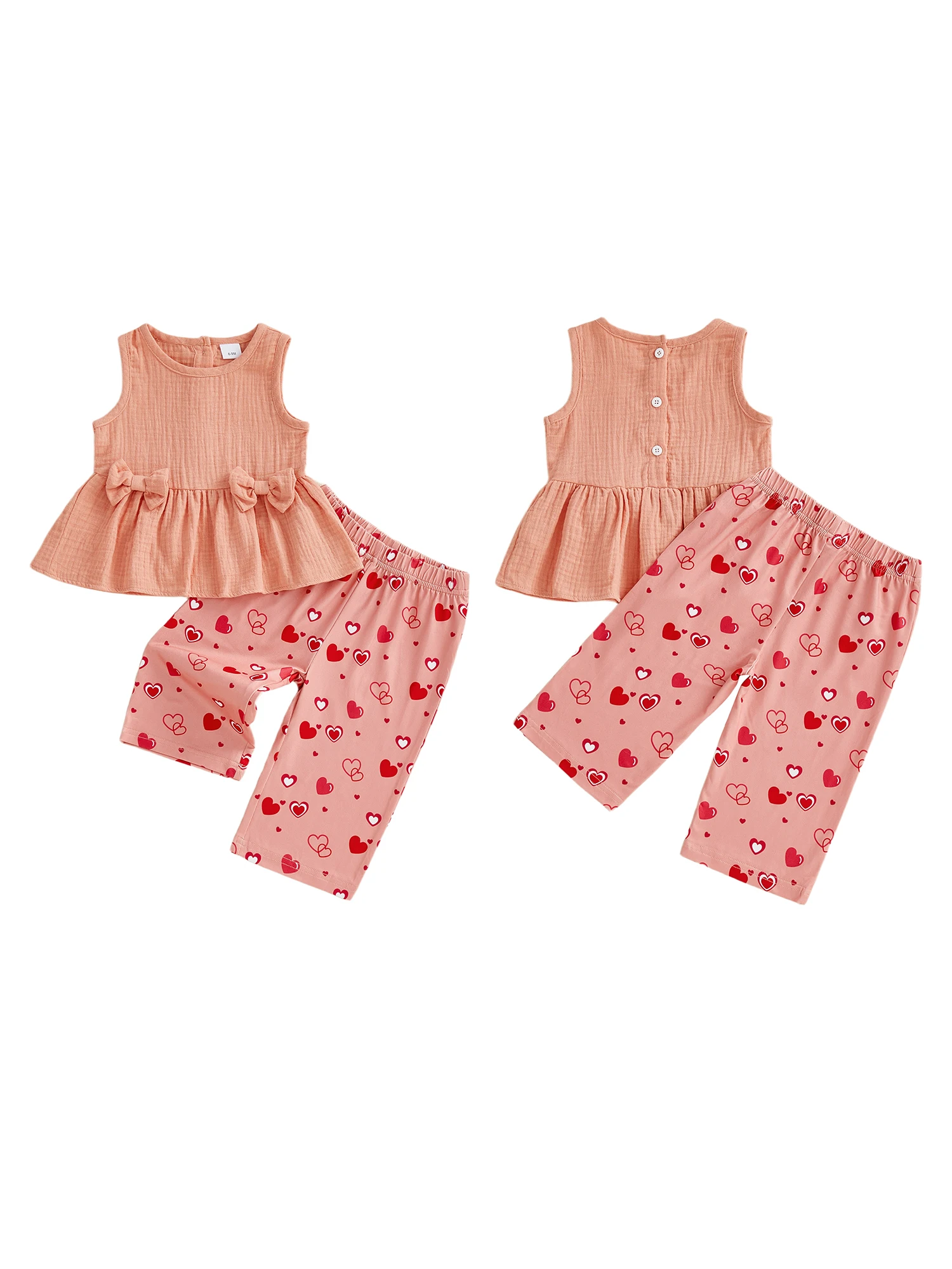 เสื้อกล้ามแขนกุดสำหรับเด็กผู้หญิงและชุดกางเกงพิมพ์ลายดอกไม้ชุดฤดูร้อนพร้อมคอกลมและรายละเอียดการแต่งระบาย