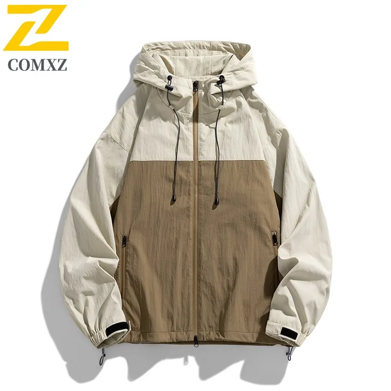 

COMXZ 2025 Mens Japanese Style Hooded Jacket Trendy Loose Fit Couple Nylon Color Block Outdoor Windbreaker Coat