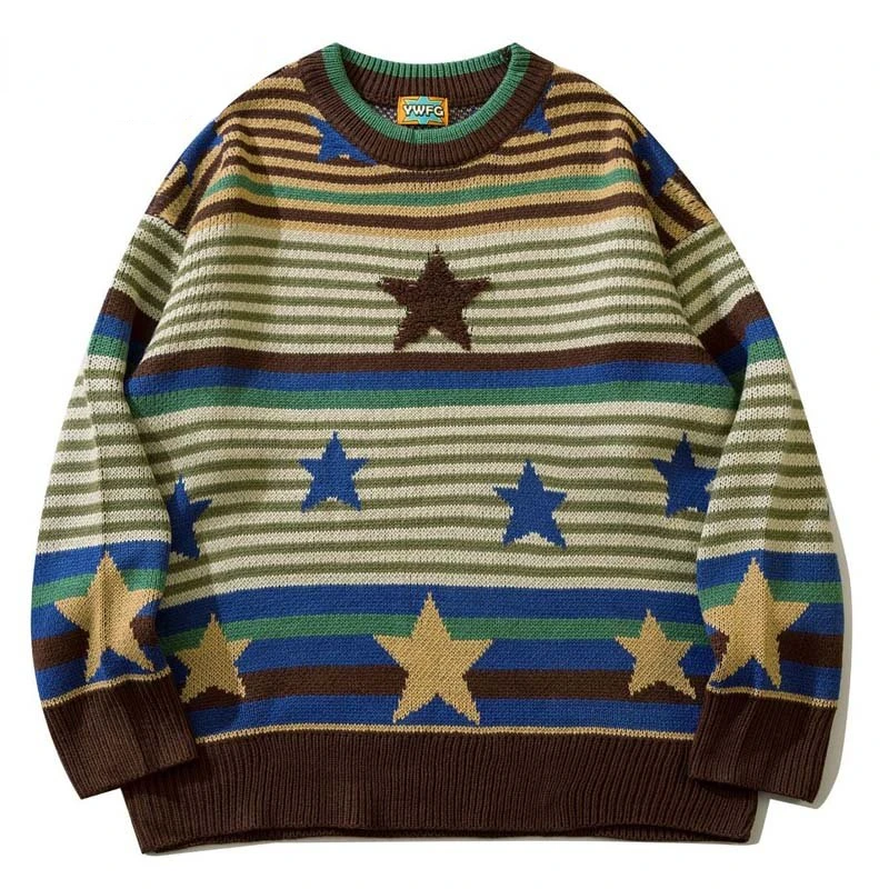 Winter Vintage Striped Sweater Men Star Flocking Oversized Knitted Sweaters Autumn Harajuku Streetwear Couple Pullovers Unisex