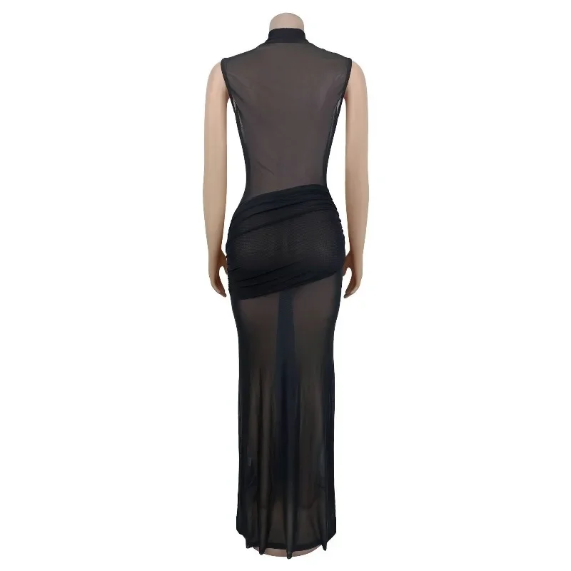 GUWU Fashion Sleeveless Pleated V-neck Low Cut Maxi Long Dress Sheer Mesh Sexy Night Party Club Wear Women's Dresses