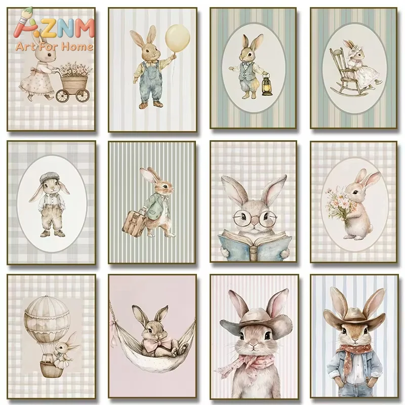 AZNM Nordic Cute Bunny Pushing Flower Cart Reading Poster Print Denim Bunny Hot Air Balloon Floral Glasses Art Home Room Decor