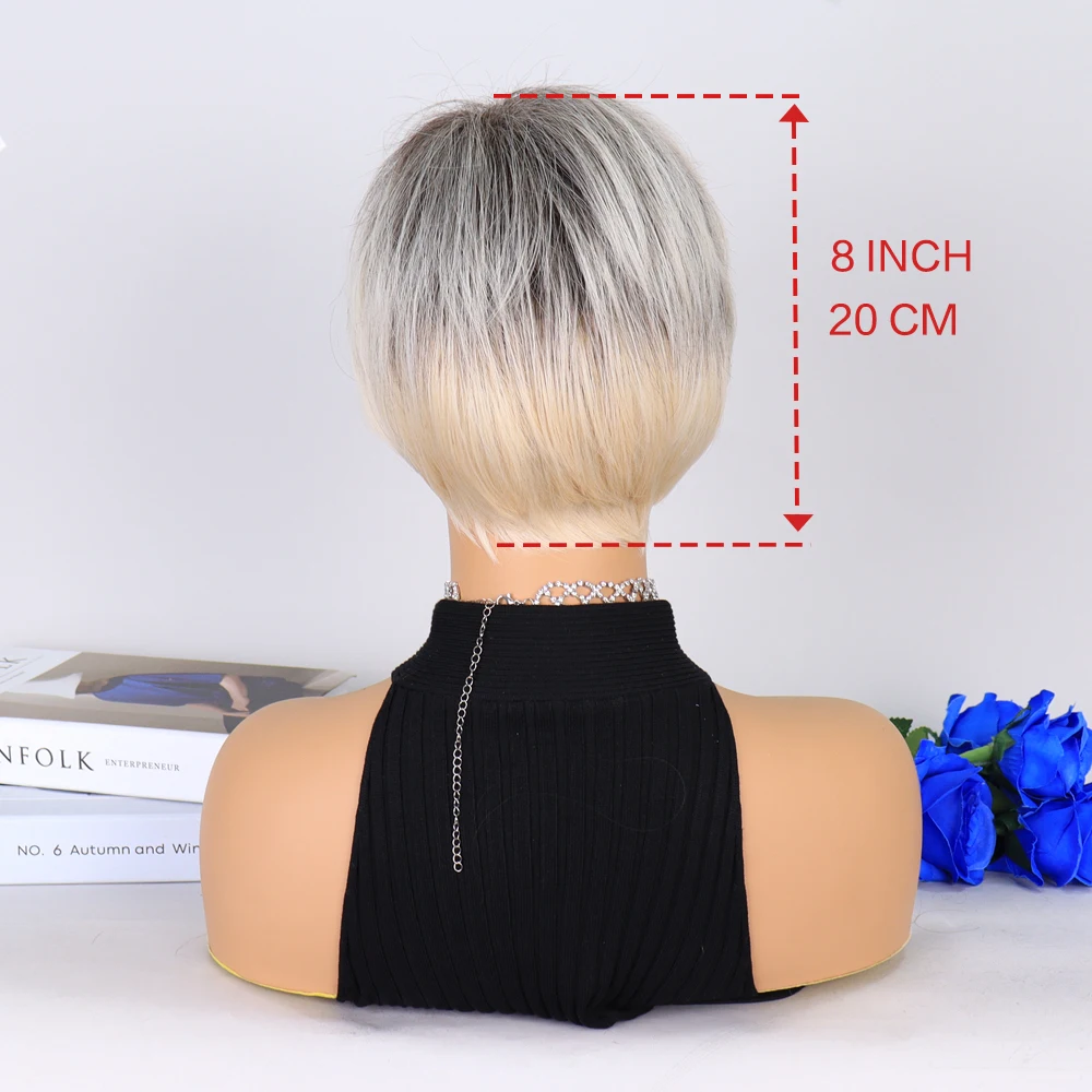 Women\'s Fashion Short Synthetic Wigs Pixie Cut Space Ash Ombre Hair Costume Party Wigs for Woman Daily Fluffy Natural Wig