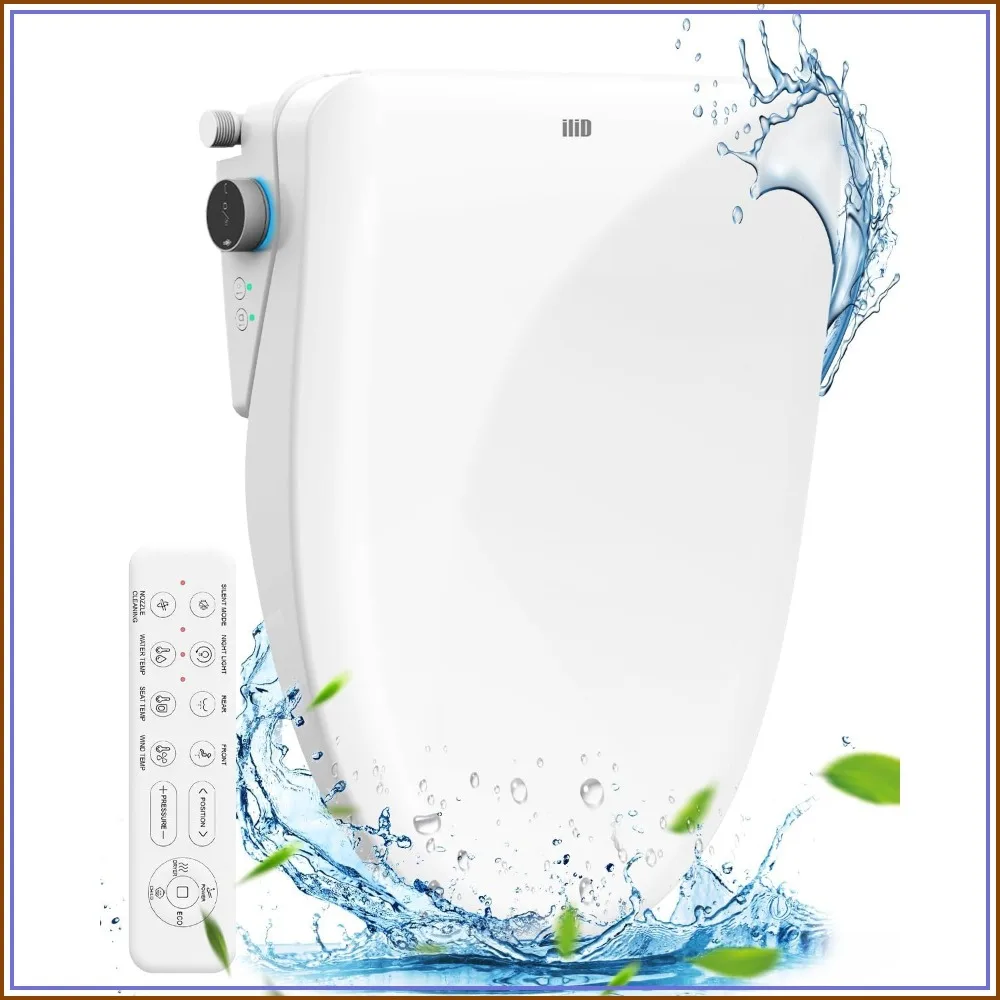 Electric Elongated Bidet Seat with Four Cleaning Modes, Adjustable Angle & Pressure, Remote Control, Slow Close Lid, Easy Installation, 2 Year Warranty