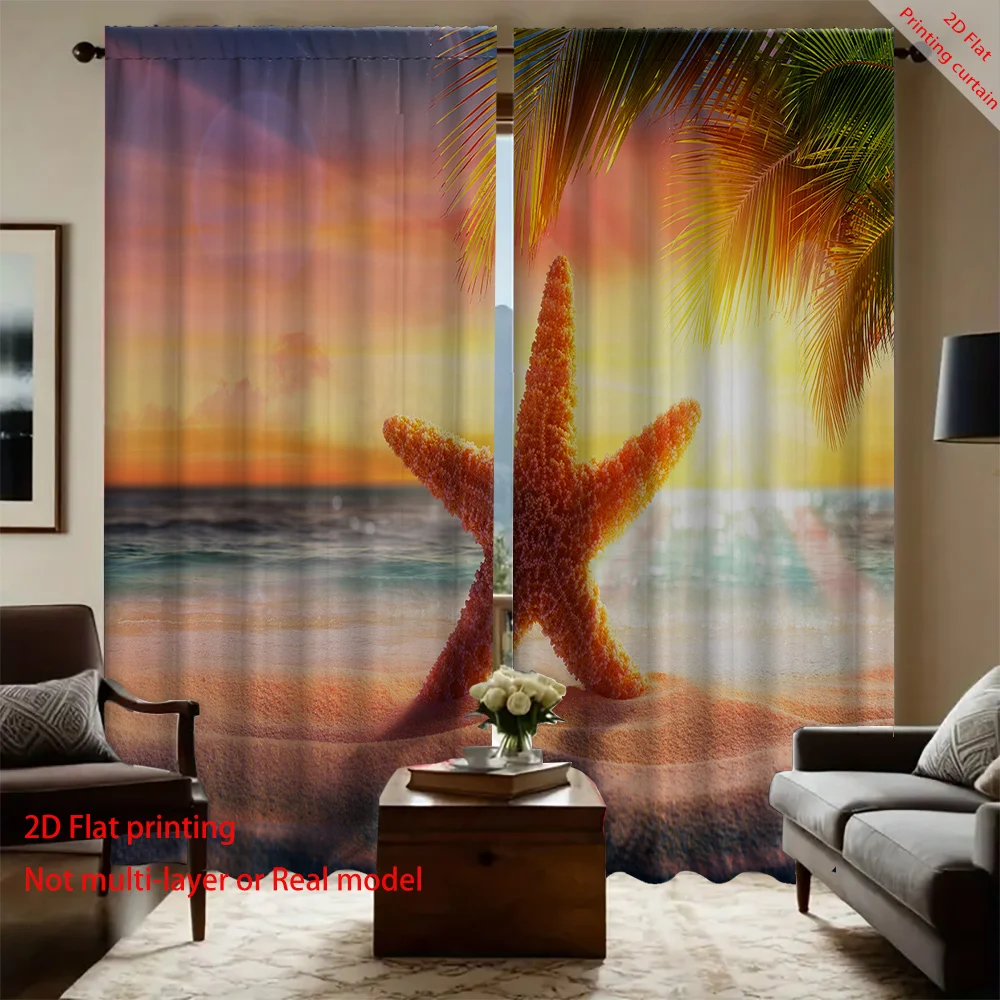 Starfish background curtains, beach coconut tree home window decoration, dormitory, office, bedroom sunshade curtains