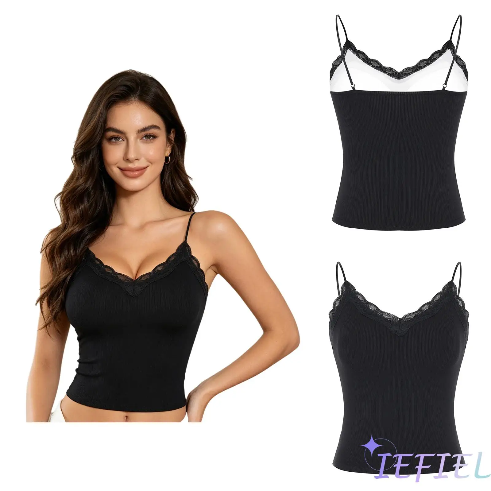 

Fashion Casual Camisole for Women Built In Bra V Neck Lace Trim Spaghetti Straps Ribbed Stretchy Tank Top for Office Work Party