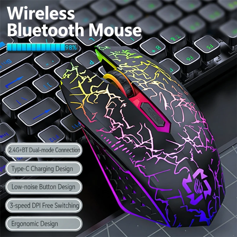 Mouse bluetooth 5.2 rgb 2.4g, mouse sem fio de modo duplo para jogos, 6 botões, mouse silencioso para macbook, tablet, laptops, computador