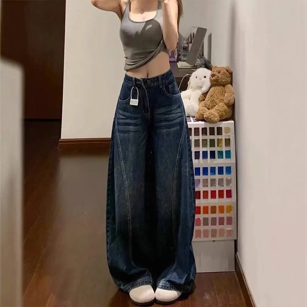 

American Retro Knife Edge Wide Leg Jeans Women's Autumn Design Loose Straight Cut Trousers High Waist Cotton Polyester Denim