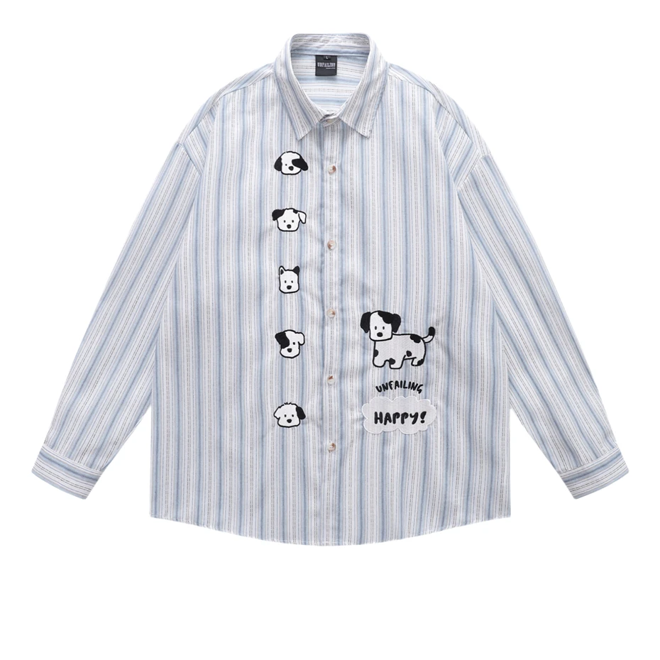 

Vintage Dogs Embroidery Shirt Men Streetwear Harajuku Long Sleeve Shirt for Men Loose Casual Cotton Striped Blouse Coats Top