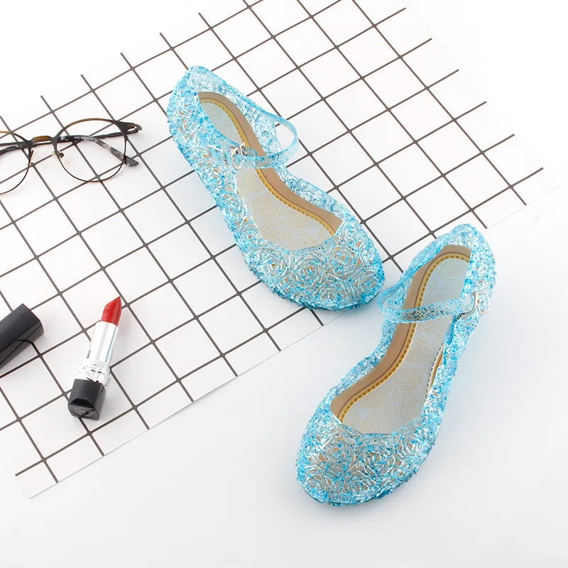 Girls Shoes New Summer Sandals Girls Princess Shoes Children PVC Cinderella Crystal Shoes Kids Slope Heel Sandals Size:25-37#