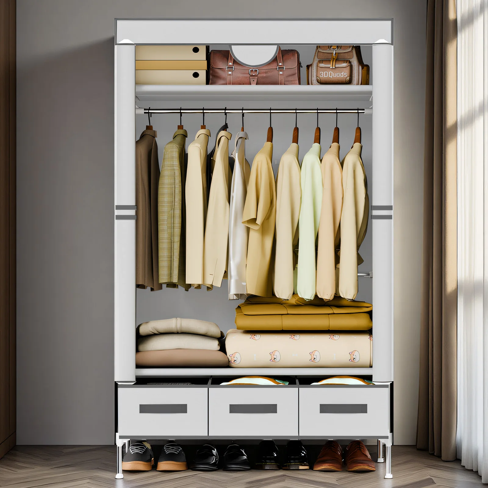 Wardrobe Portable Closet 67 Inches Household Organizer Non-Woven Fabric with Hanging Space for Coats and Bags 3 Storage Drawers