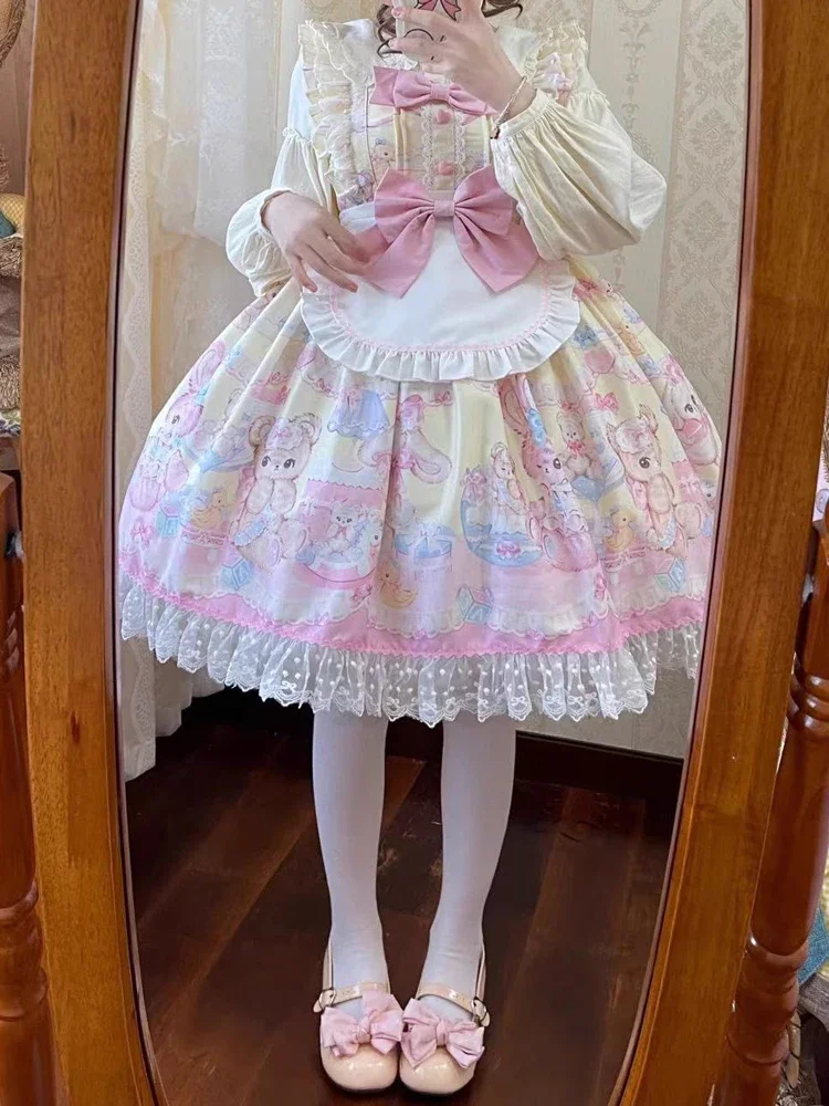 Kawaii Lolita Ruffles Apron Camisole Dress Sweetheart Princess Cartoon Printing Bow Vitality Girly Loli Mini Dresses