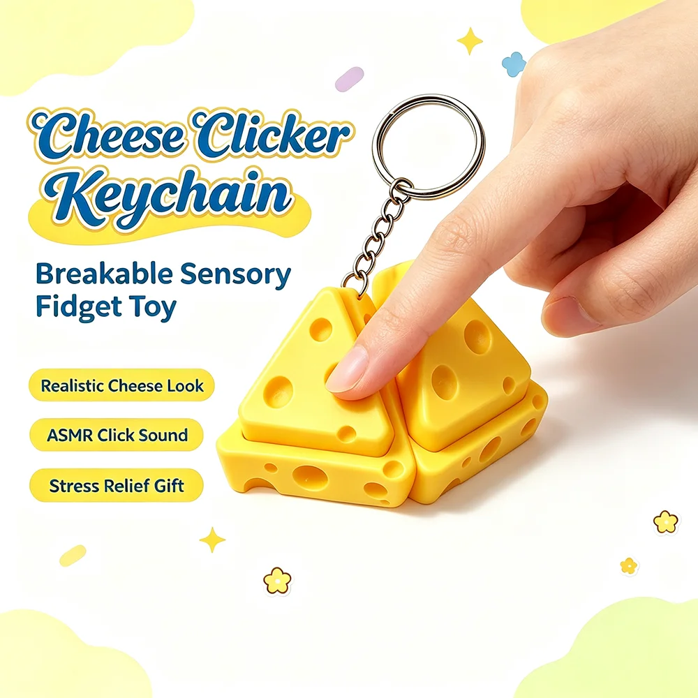 Cute Cheese Fidget Clicker Keychain Decompression Toy ASMR Click Sound Sensory Toy Anxiety Relief Pocket Fidget Keyring Gift Toy