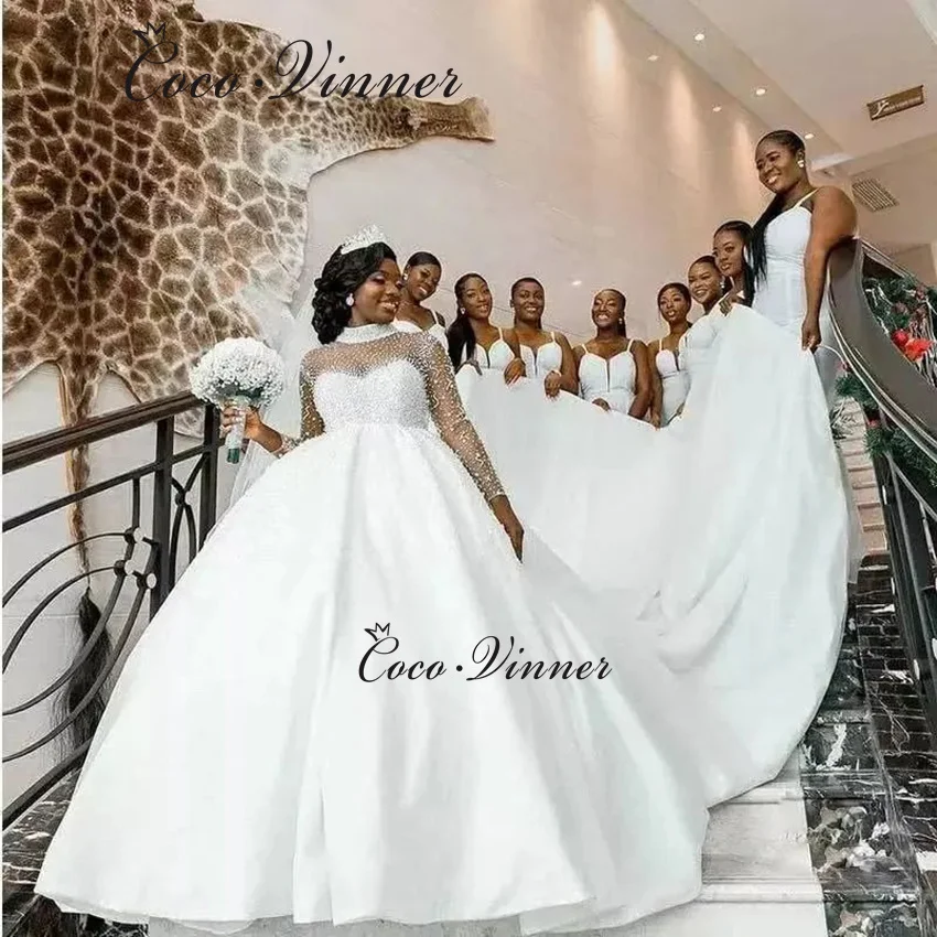 Vestidos de novia africanos transparentes con cuello alto personalizados con mangas tren largo vestido de novia de satén con cuentas de lujo W1385
