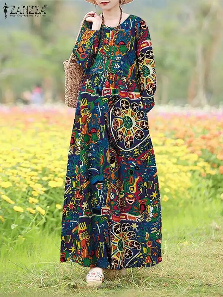 ZANZEA Vintage Vrouwen Katoenen Jurk Met Lange Mouwen Herfst Bloemen Gedrukt Zonnejurk Bohemian Vakantie Lange Vestido Robe Femme Oversize