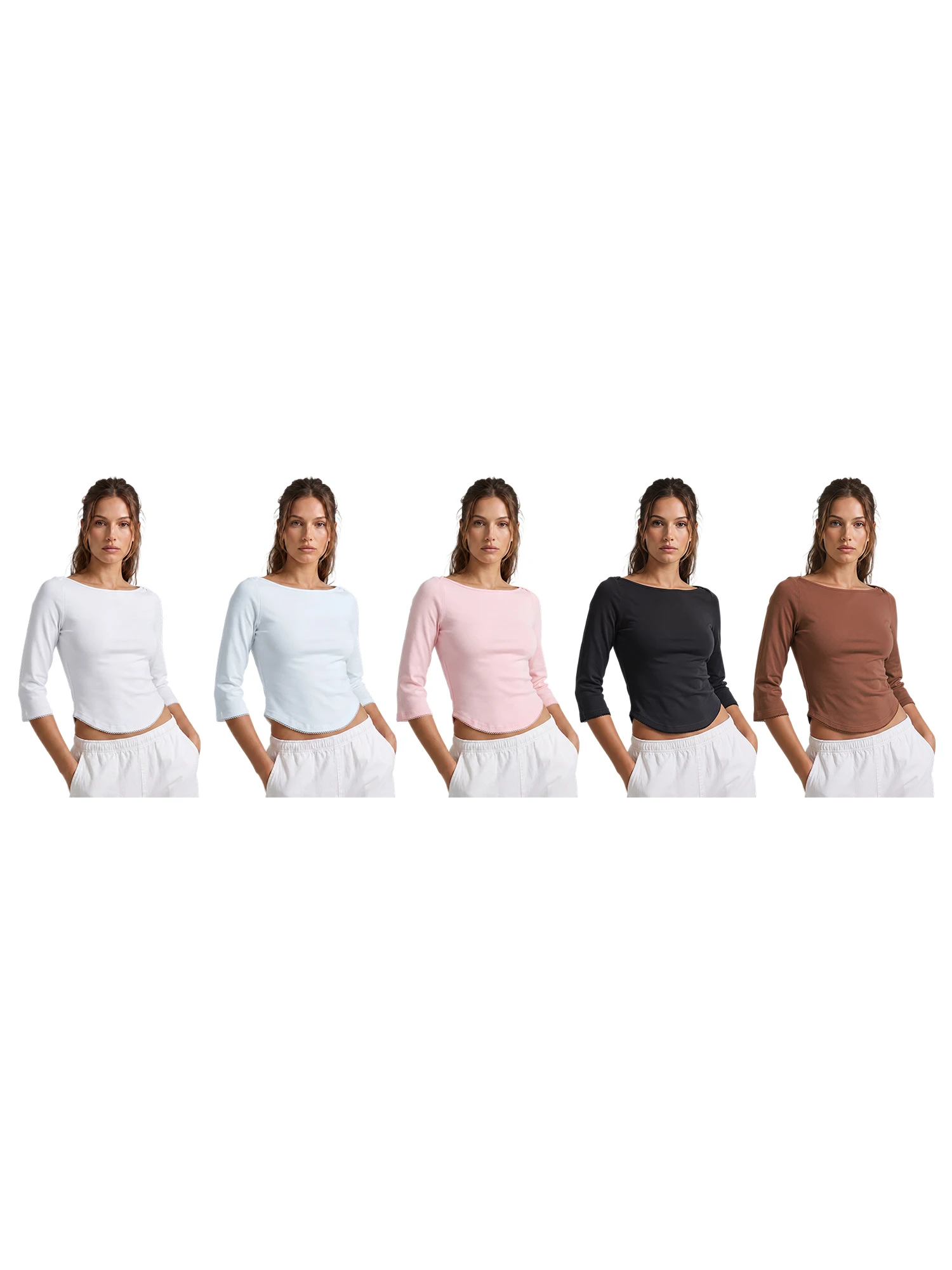 Damen Basic Frühling Herbst Crop Tops Elegante Einfarbige Bootsausschnitt 3/4 Ärmel T-Shirts – Detail 2