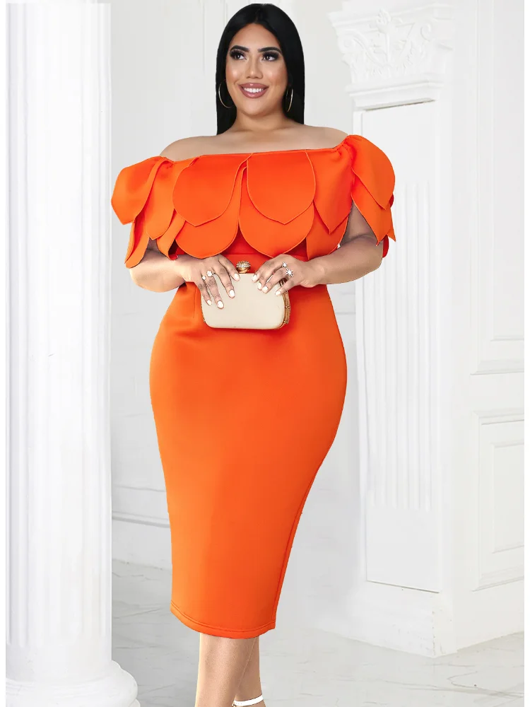 ONTINVA Off Shoulder Dress Orange Plus Size 3XL 4XL Sheath Sexy Ruffles Evening Birthday Party Outfits for Ladies Summer 2023