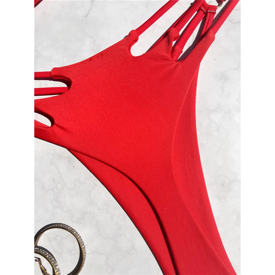 Bandeau-Bikini mit Metallringen, Damen-Badebekleidung, zweiteiliger Bikini-Set, geraffter, hoch geschnittener Badeanzug, Badeanzug, Modell V5952. – Detail 12