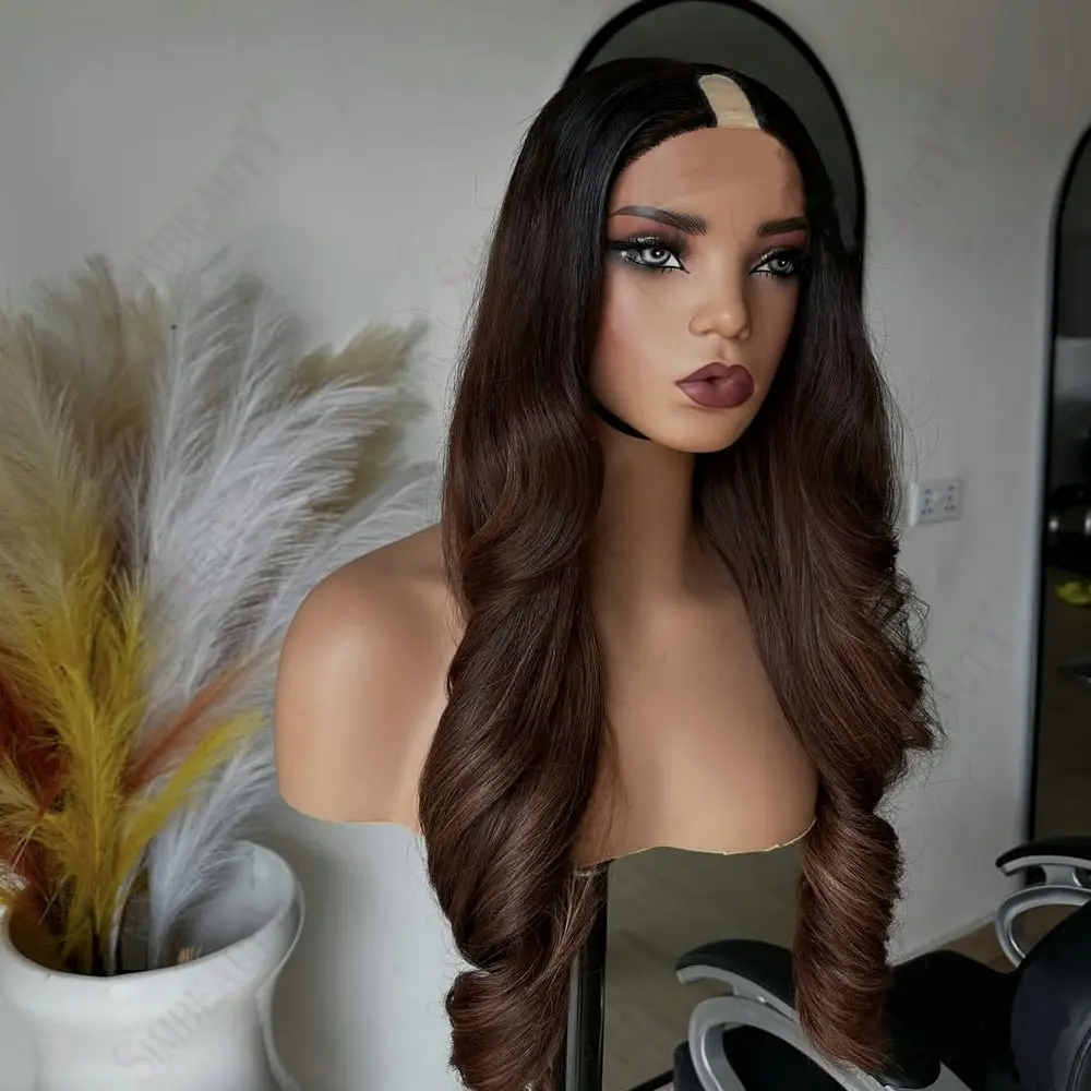 

250Density Women Wigs Natural Long Wavy Remy Human Hair 1x4 Opening U Part Ombre Brown Hair With Clips Adjustable U Part Wigs