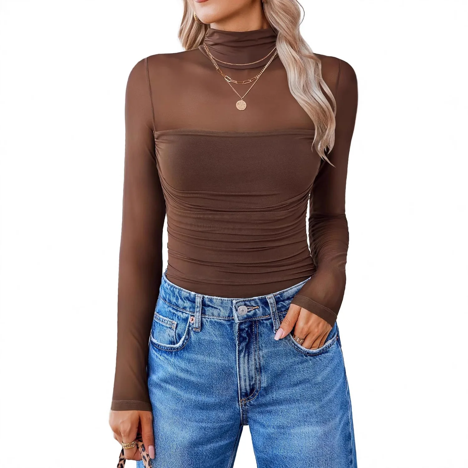 Top Women Mesh T Shirt Base Layer Sheer Sexy Half High Collar Solid Color Stretch Slim Basis Tops Autumn Office Lady Tees - Image 5