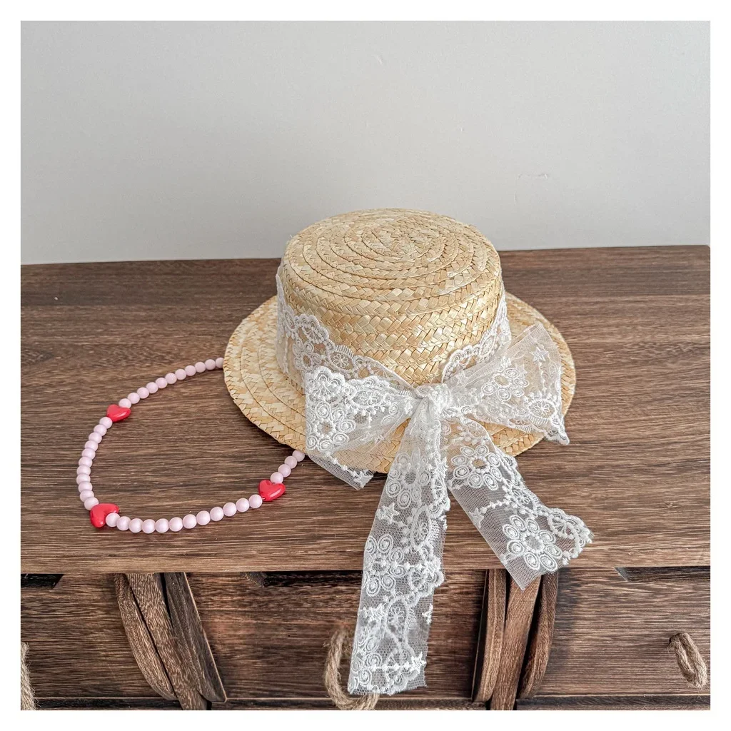 

Girls Summer Sun Hat Kids Girls Straw Hat Lace Bow Ribbon Pearl Windproof Chain Decor Children Daily Outdoor Fashion Headwear
