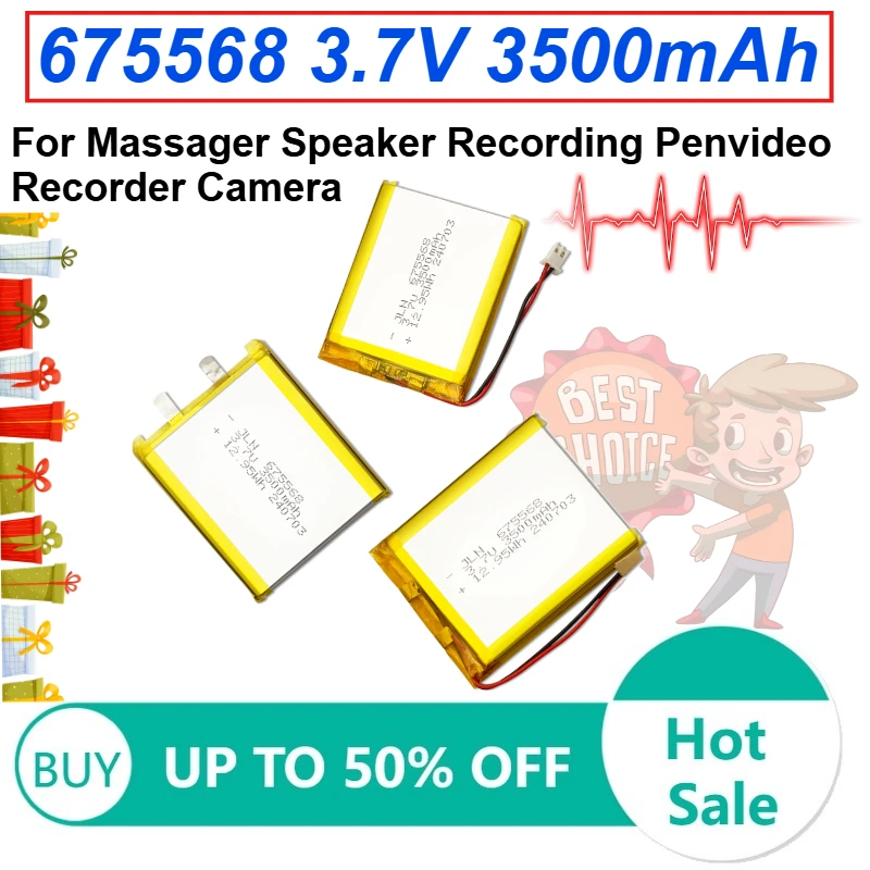 

675568 3.7V Li-Po Battery 3500mAh for Massager Speaker Recording Penvideo Recorder Camera Rechargeable Batteries