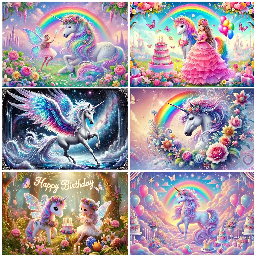 

Pink 3D Magical Unicorn and Fairy Birthday Backdrop Dreamy Horse Banner Girl Bedroom Decorations Baby Shower Supplies Photozone