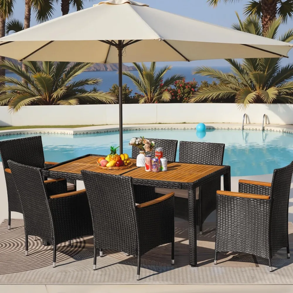 7 piece outdoor patio dining set, conversation set, 1 table and 6 rattan chairs, curved acacia wood armrests and cushions, black image 2
