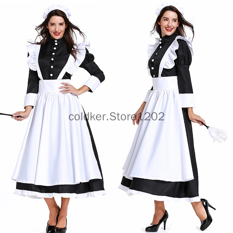 

Halloween Cosplay Black White Chocolate Waiter Sets Franch Maid Costume Long Dress Sweet Lolita Uniform for Men Women